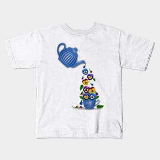 Pansies Floral Teapot Kids T-Shirt